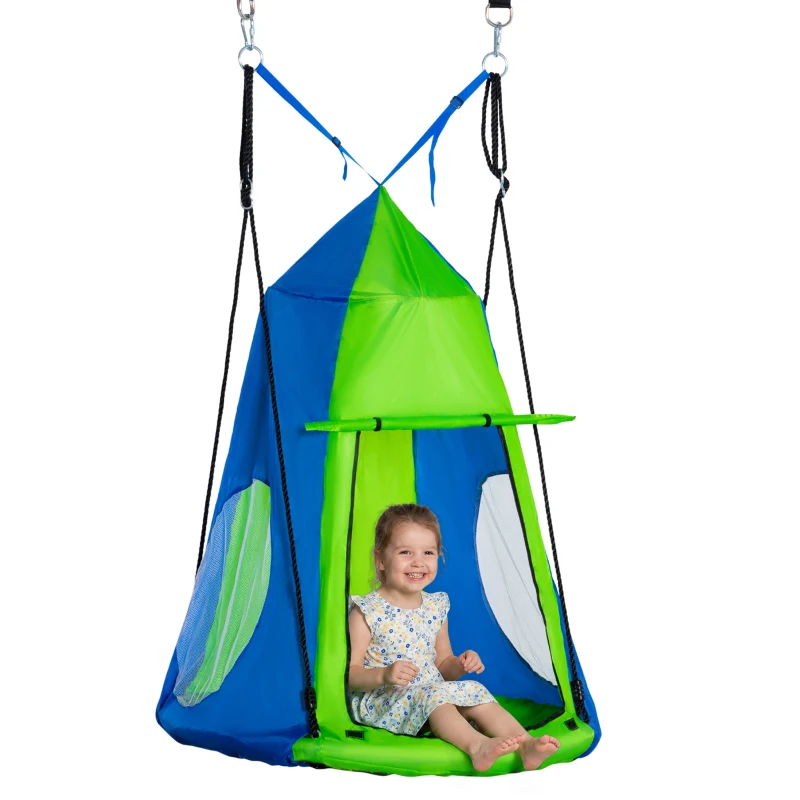 Outsunny Kids Hanging Tree Swing Tent, Waterproof Sensory Swing with Windows, Rolling Door, for Indoor & Outdoor, Green