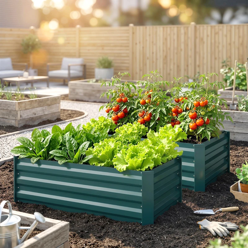 Outsunny Set of 2 Galvanized Raised Beds for Garden, Outdoor Planter Box for Flowers, Herbs and Vegetables, Green