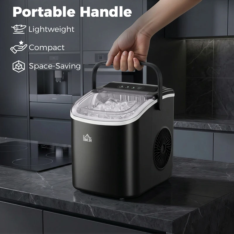 HOMCOM Portable Ice Maker Countertop with Handle, Self Cleaning Ice Maker Machine with Scoop and Basket, 26lbs/24Hrs, Black