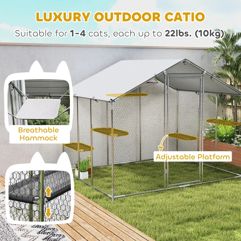 PawHut Large Catio Outdoor Cat Enclosure with Waterproof Cover, Walk-in Cat Patio w/ 5 Adjustable Platforms & Hammock 94.5" L