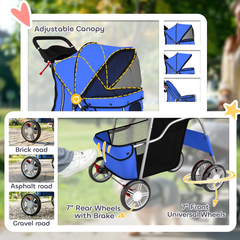 PawHut Pet Stroller with Reflective Strips, Foldable Cat Stroller with 360° Swivel Wheels for Small Dogs and Cats, Blue