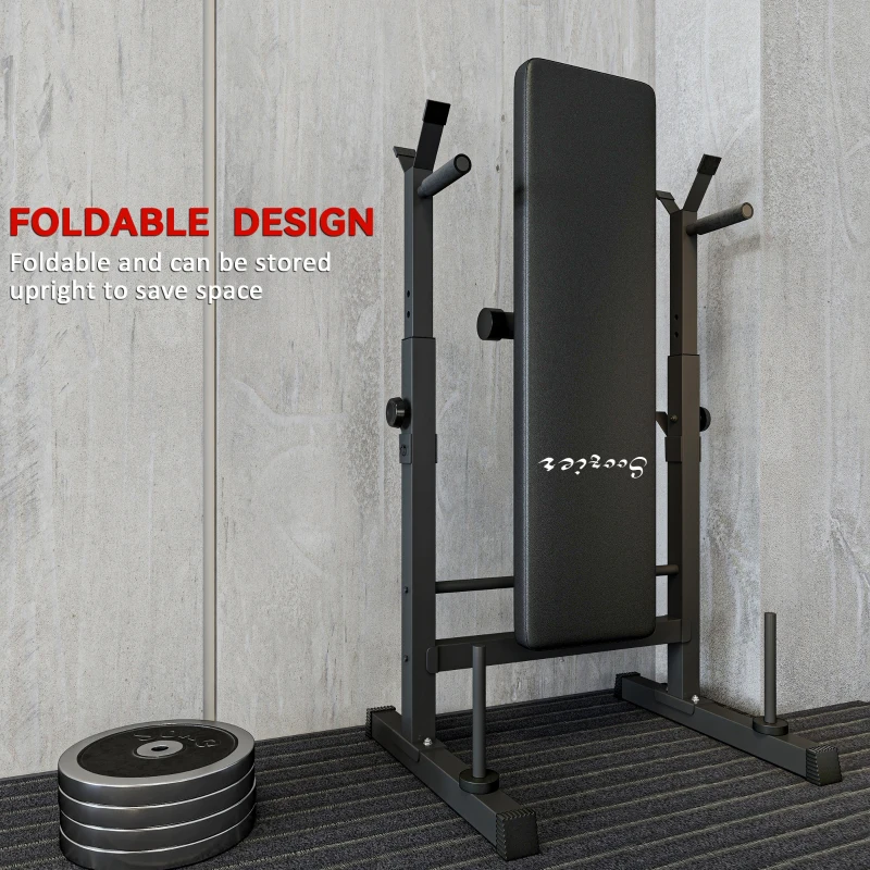 Soozier Adjustable Weight Bench, Foldable Bench Press with Barbell Rack and Dip Station for Home Gym, Strength Training Multiuse Workout Bench, Black