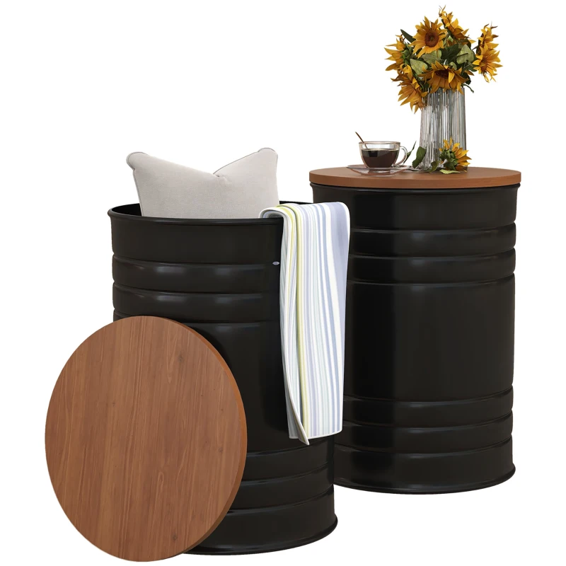 HOMCOM Round Storage Ottoman Set of 2, Nesting Ottomans with Wooden Lid, Metal Frame and Hidden Storage Space for Bedroom