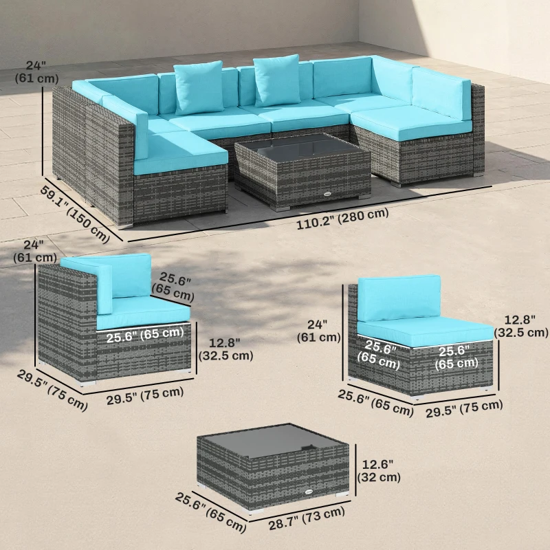 Outsunny 7 Pieces Outdoor Rattan Furniture Set, Patio Wicker Sectional Conversation Sofa Set, Blue