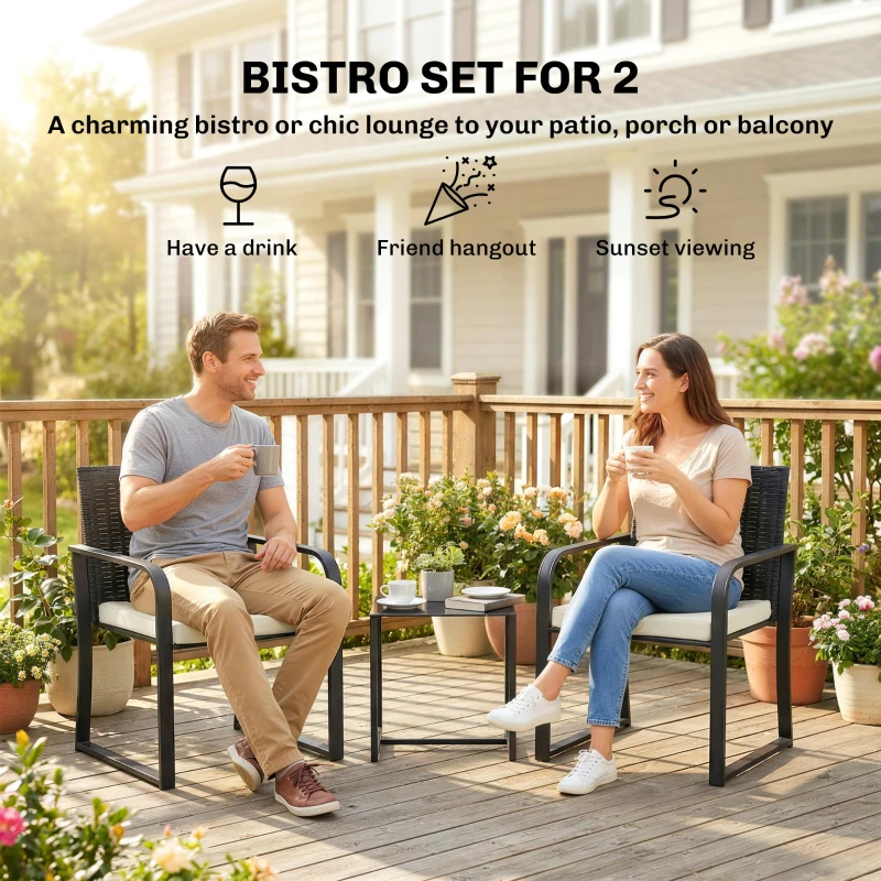 Outsunny Outdoor Bistro Set, 3 Piece Wicker Patio Furniture with Mesh Seat, Glass Table, Cushions for Porch, Balcony, Cream White