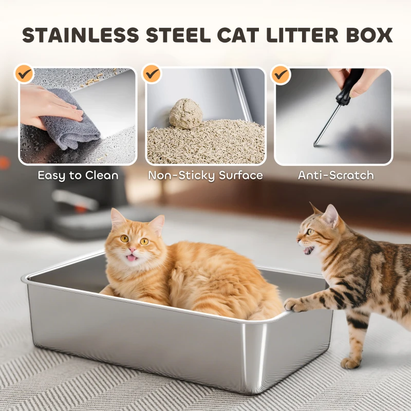 PawHut XL Stainless Steel Cat Litter Box, 80L Kitty Litter Box with Front/Top Entry, Trapping Step, Scoop, for Large Big Cats