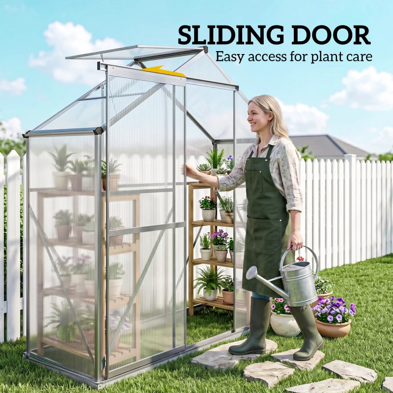 Outsunny 6' x 2.5' Walk-in Polycarbonate Greenhouse Aluminium Green House with Sliding Door, 5-Level Roof Vent, Rain Gutter
