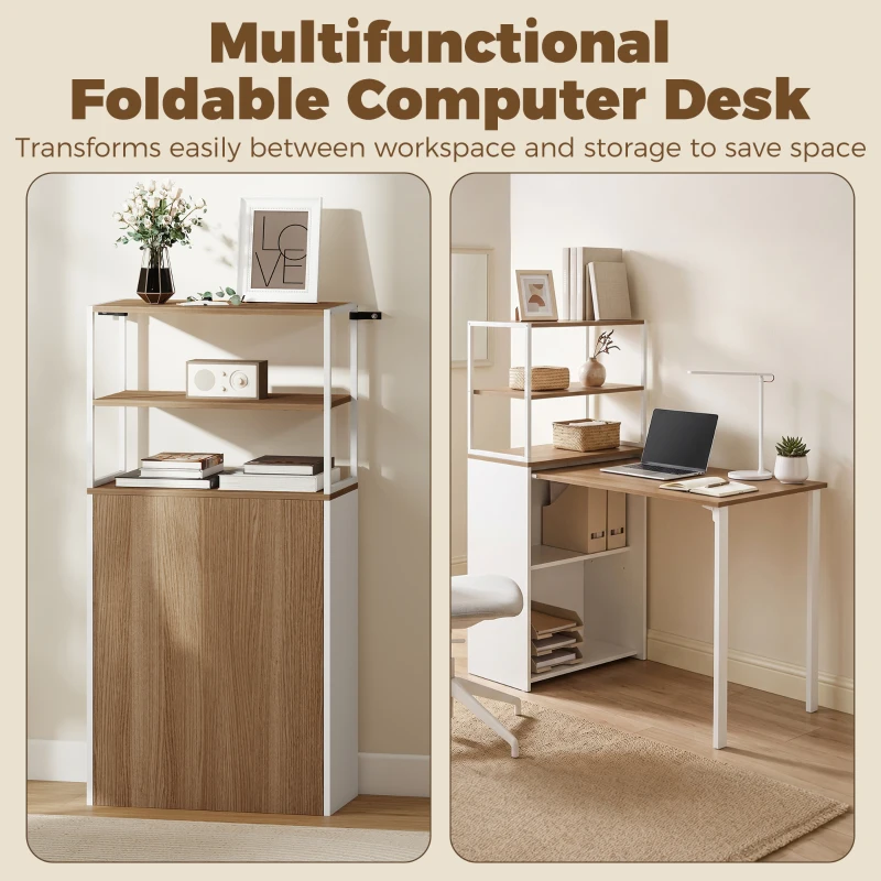 HOMCOM Folding Computer Desk with 4-Tier Bookshelf Space-Saving Home Office Desk, Natural