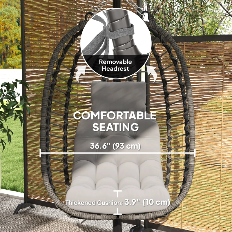 Outsunny Hanging Egg Chair with Stand, Foldable Wicker Rattan Swing Chair with Thick Cushion, Headrest, Light Grey