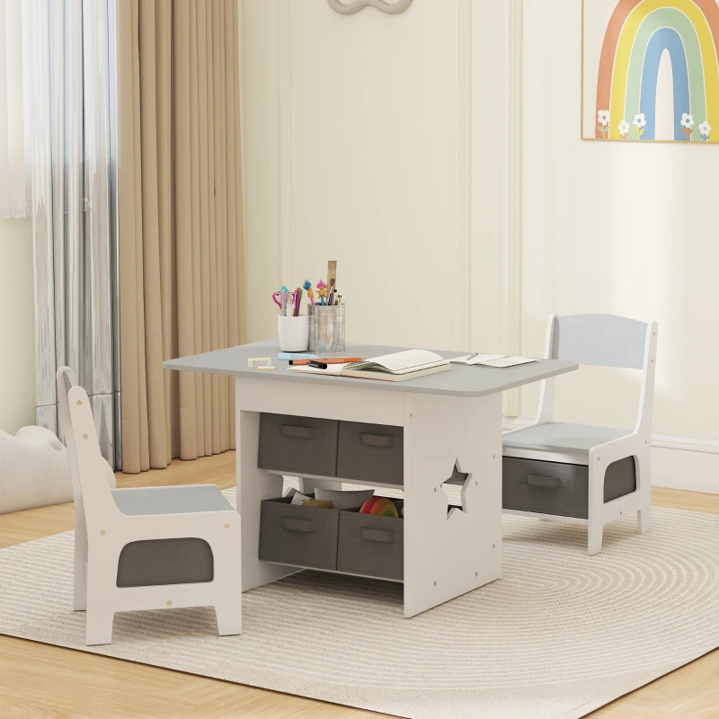 Qaba 3 Piece Kids Table and Chair Set with 6 Removable Drawers, for Classroom, Living Room, Bedroom, Nursery, Light Grey