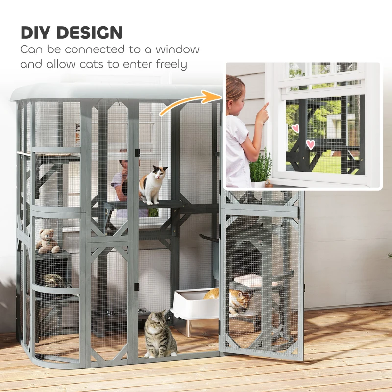 PawHut Catio Outdoor Cat Enclosure, 71" Wooden Cat House with Platforms, Condos and Waterproof Cover for 2–3 Kittens, Grey