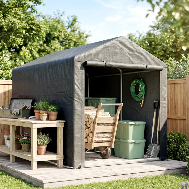 Outsunny Portable Bicycle Shed with Galvanised Steel Frame and Large Door, Waterproof Outdoor Shed for Garden Tools, Dark Grey