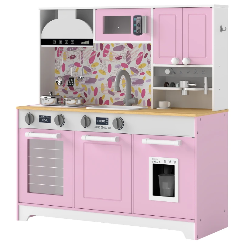 Qaba Play Kitchen, Kids Kitchen Playset with Coffee Maker, Ice Maker, Clicking Knobs, Storage, Accessories for 3-8 Years
