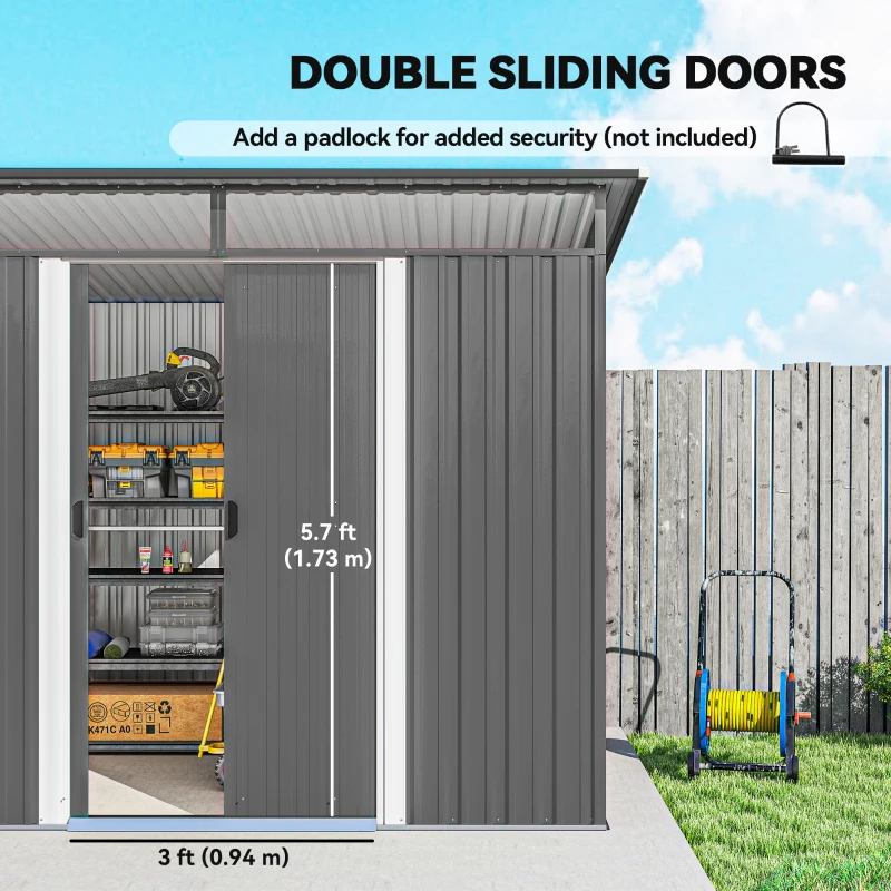Outsunny 9' x 6.5' Outdoor Metal Garden Shed Utility Tool Storage Steel Backyard Storage House, Light Grey