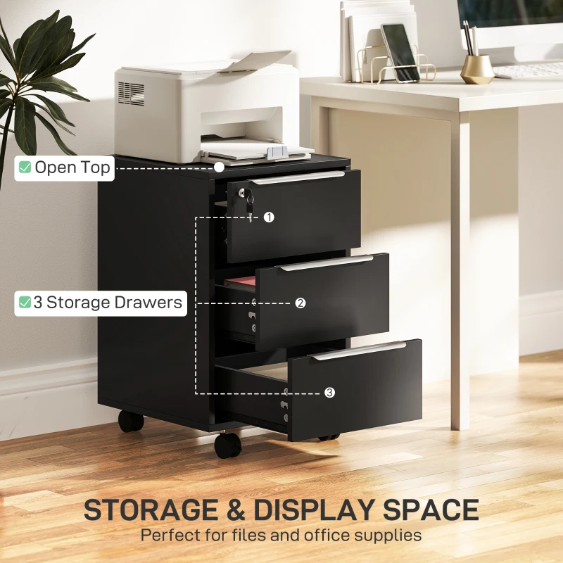 HOMCOM 3 Drawer File Cabinet with Wheels, Vertical Filing Cabinet with Lock, Black