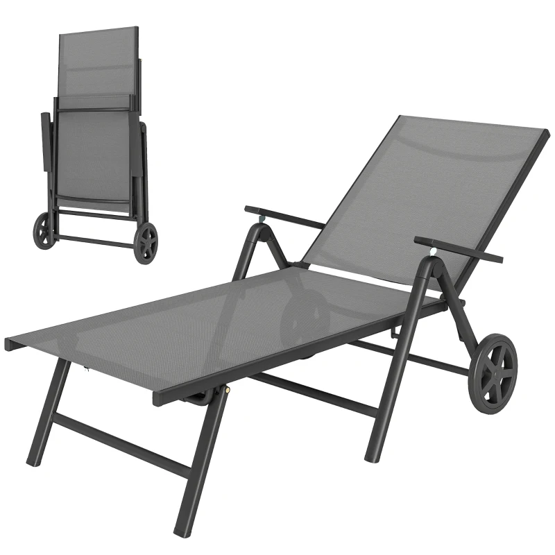 Outsunny Outdoor Lounge Chair, 5-Level Adjustable Folding Chaise Chair with 2 Wheels for Backyard, Beach, Poolside, Grey