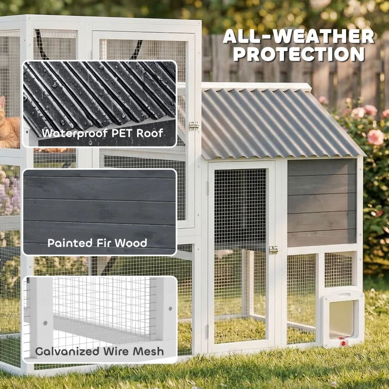 PawHut Catio Outdoor Cat Enclosure, 63" L Large Cat House with 4-Way Adjustable Door, Private House, Hammock, 2 Platforms