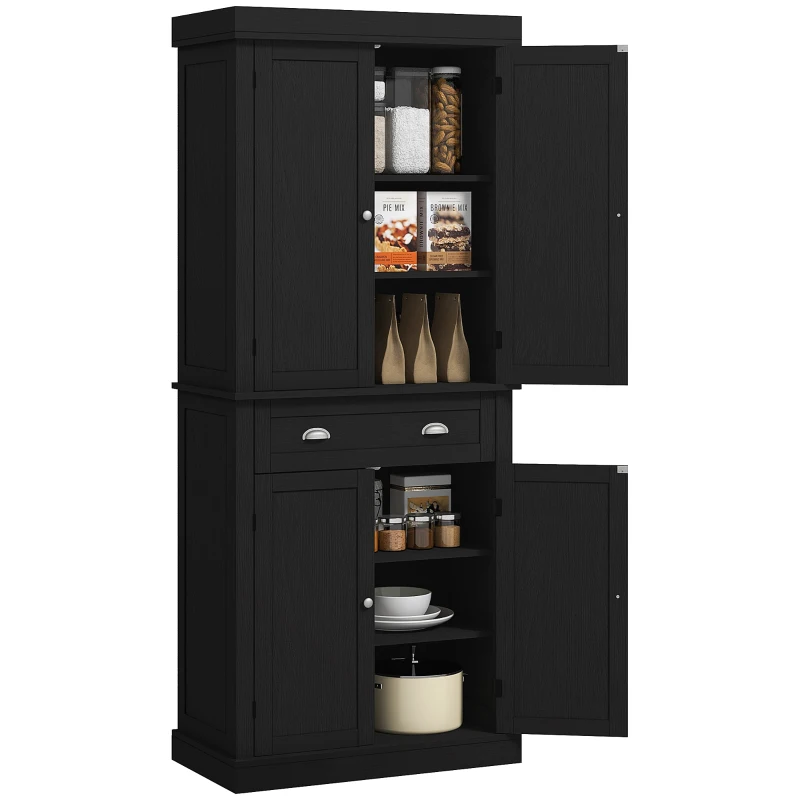HOMCOM 72" Tall Pantry Cabinet, Kitchen Storage Cabinet with 4 Doors, Drawer and 2 Adjustable Shelves, Black Wood Grain
