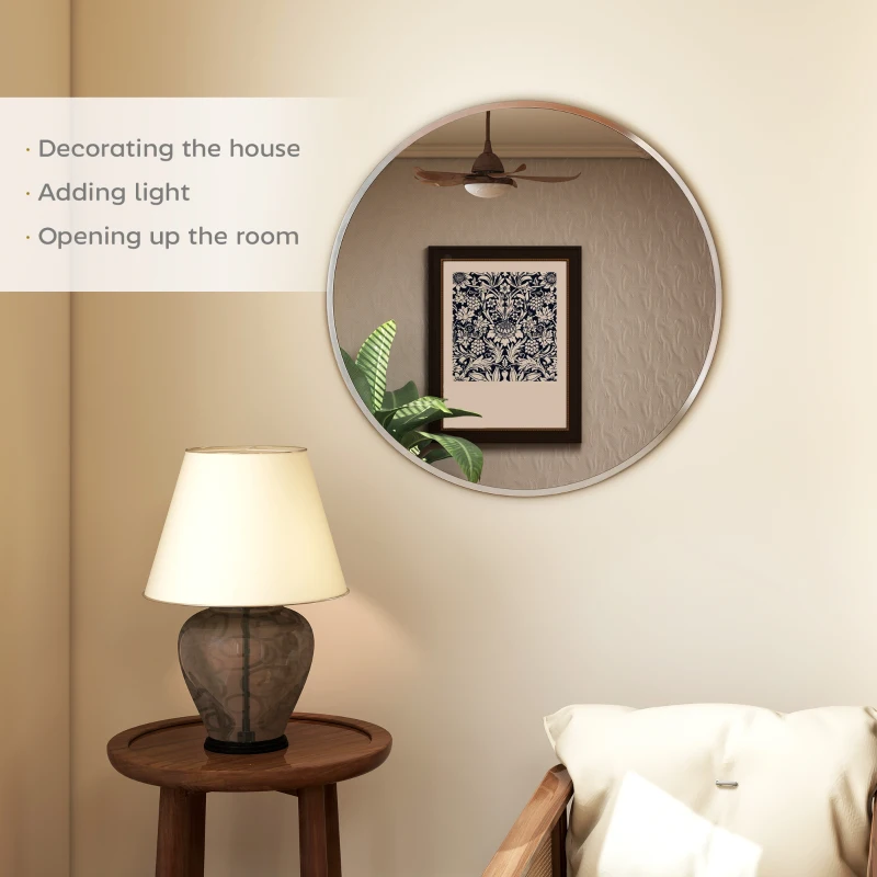 HOMCOM 24" Decorative Wall Mirror for Bedroom Living Room, Modern Round Bathroom Mirror for Home Decor, Silver