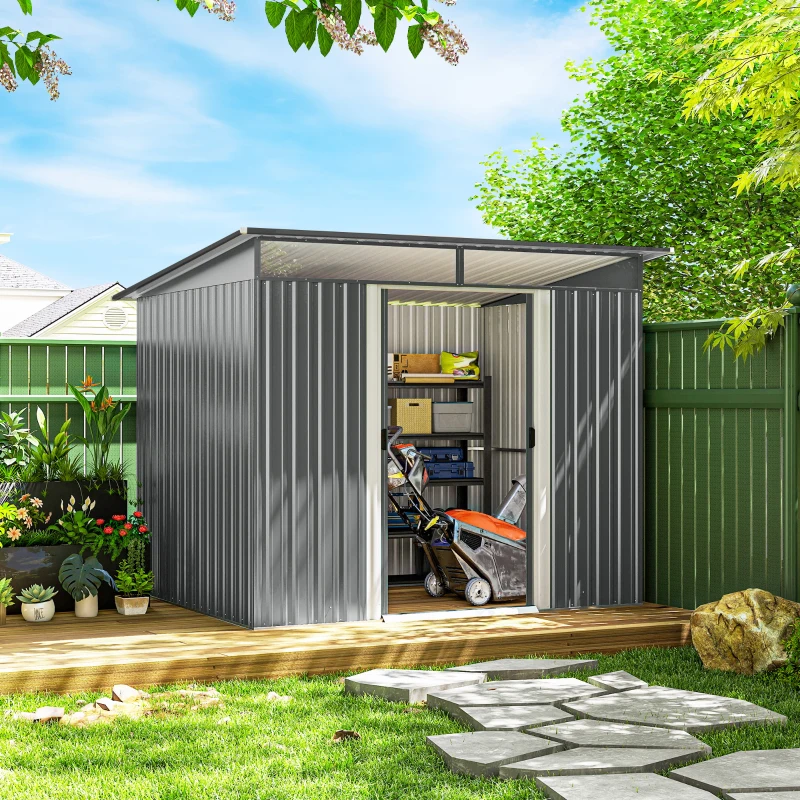 Outsunny 9' x 6.5' Outdoor Metal Garden Shed Utility Tool Storage Steel Backyard Storage House, Light Grey