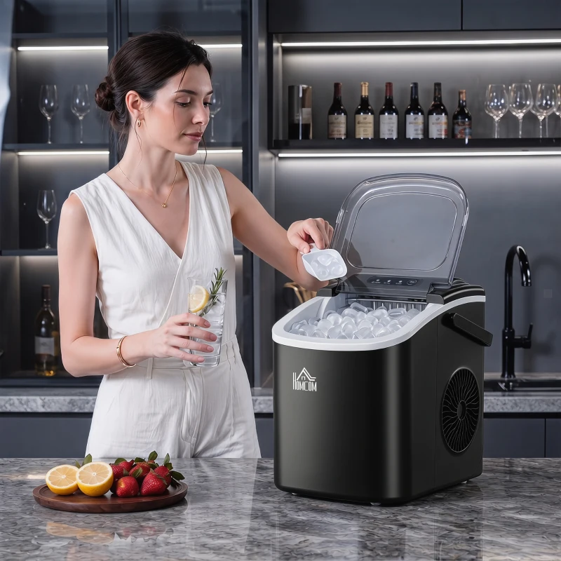 HOMCOM Portable Ice Maker Countertop with Handle, Self Cleaning Ice Maker Machine with Scoop and Basket, 26lbs/24Hrs, Black