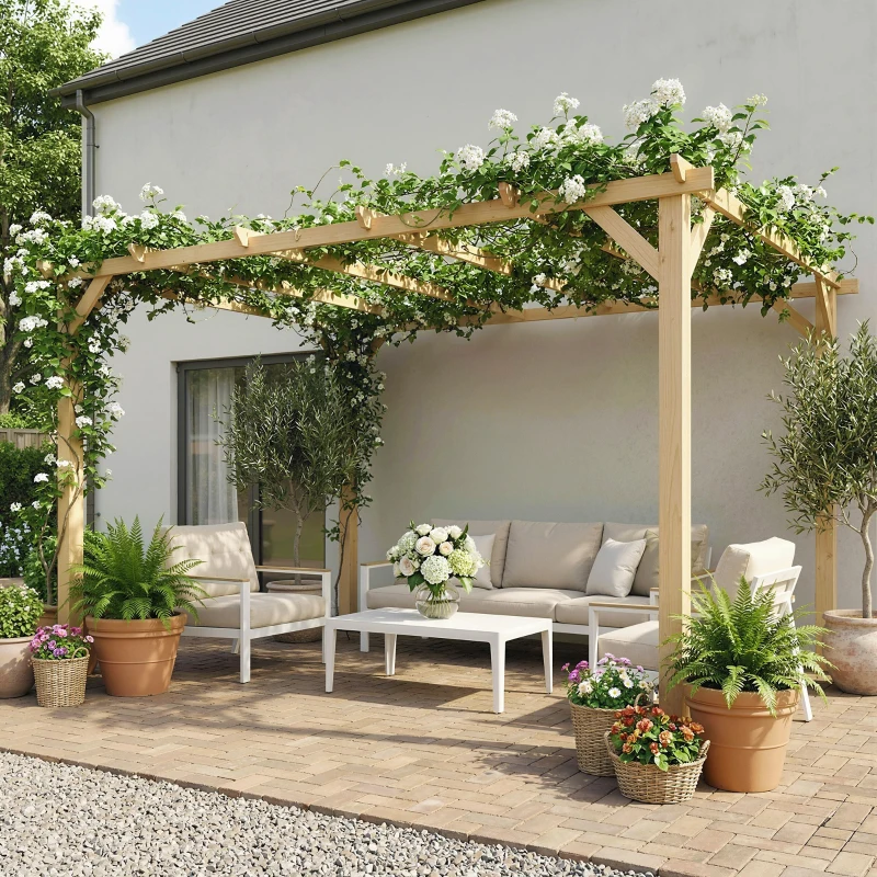 Outsunny 10' x 13' Wooden Pergola, Outdoor Pergola Gazebo Grape Trellis with Triangle Supports, Concrete Anchors, Nature Wood