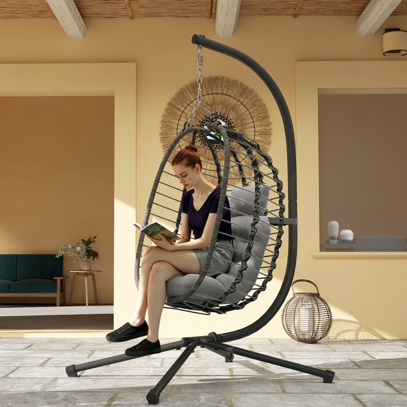Outsunny Hanging Egg Chair with Stand, Foldable Wicker Rattan Swing Chair with Thick Cushion, Headrest, Light Grey