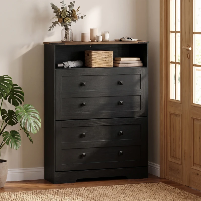 HOMCOM Shoe Cabinet with 2 Flip Drawers, Narrow Shoe Storage Cabinet, Black