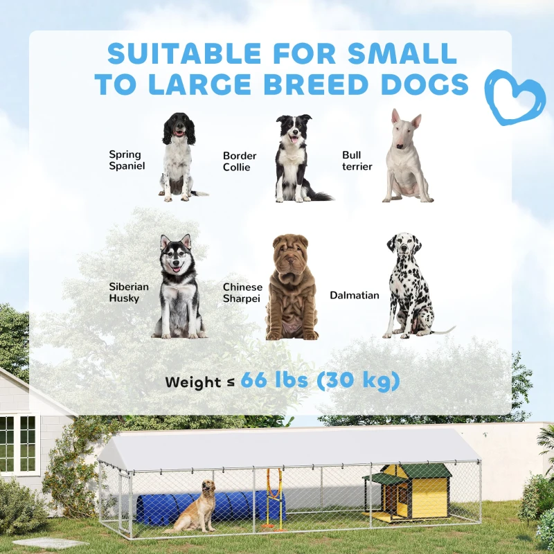 PawHut 19.7' x 7.5' x 4.9' Outdoor Dog Kennel Heavy Duty Galvanized Steel Chain Link with UV-resistant Roof, Silver