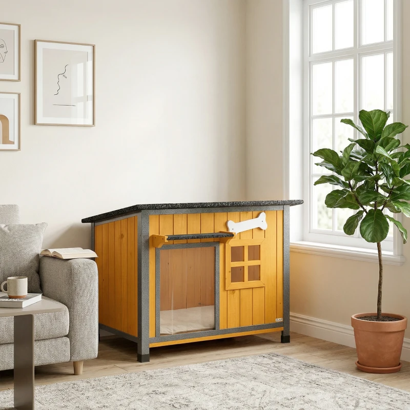 PawHut Outdoor Dog House with Anti-Chewing Steel Frame, Openable Roof, Removable Floor, Door Curtain, Yellow