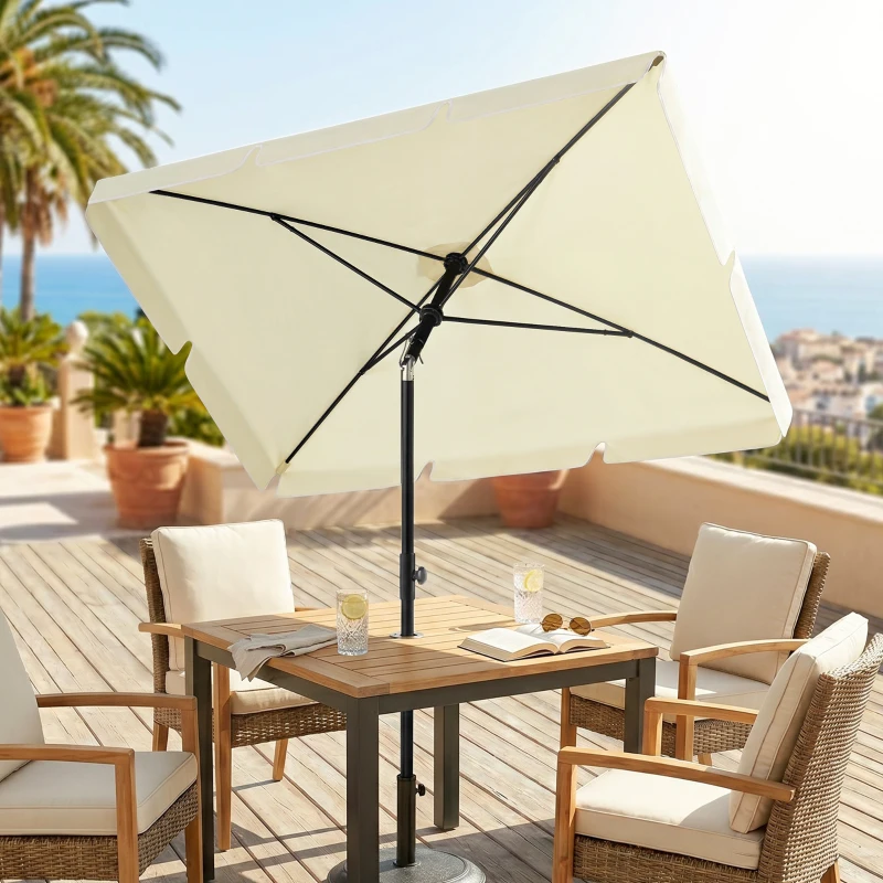 Outsunny 6.5x4ft Rectangle Patio Umbrella Aluminum Tilt Adjustable Garden Parasol  Sun Shade Outdoor Canopy Cream White