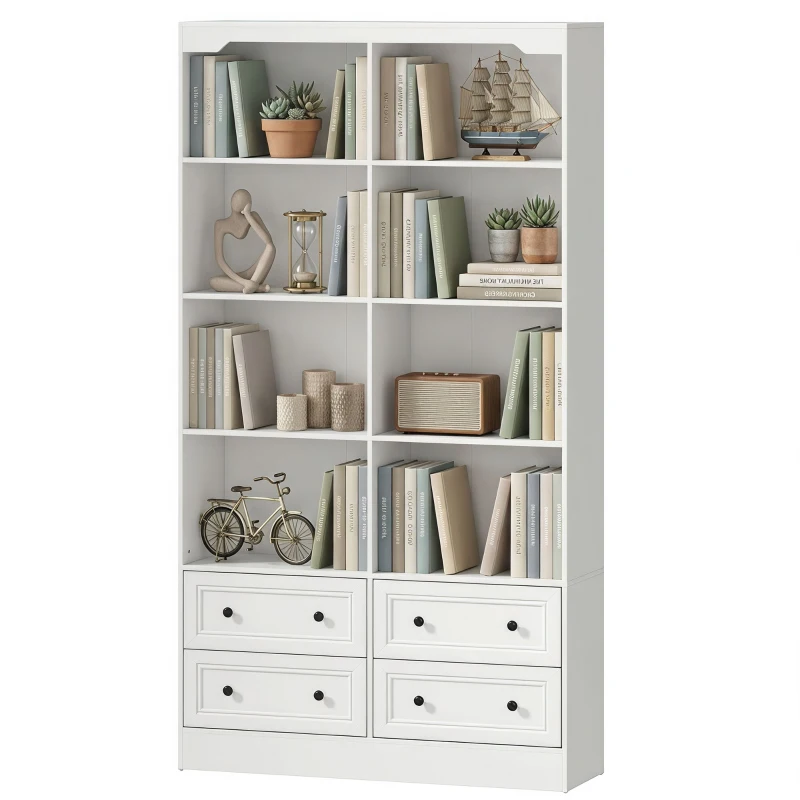 HOMCOM Bookshelf with 8 Cubbies and 4 Drawers, 5-Tier Double Wide Bookcase with Storage, Standing Book Cabinet, White
