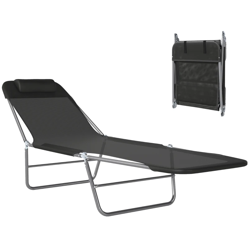 Outsunny Outdoor Lounge Chair, Portable Adjustable Reclining Seat Folding Chaise Lounge Patio Camping Beach Tanning Chair Bed with Pillow, Black