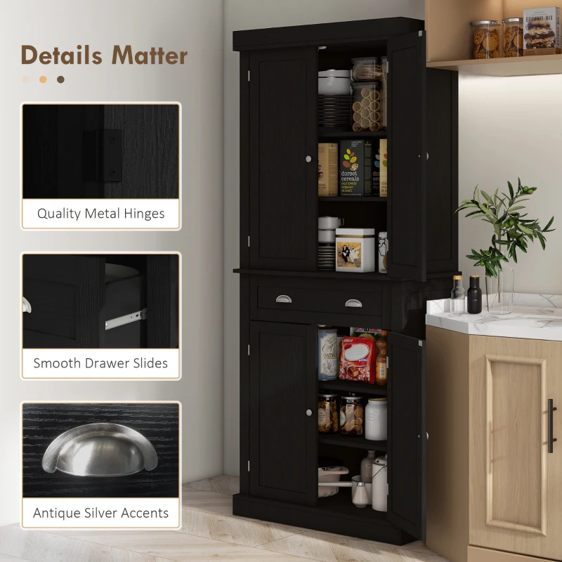 HOMCOM 72" Tall Pantry Cabinet, Kitchen Storage Cabinet with 4 Doors, Drawer and 2 Adjustable Shelves, Black Wood Grain
