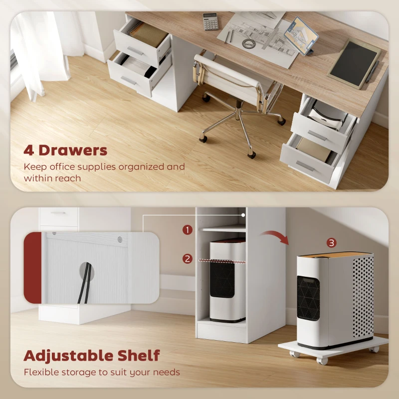 HOMCOM Office Desk, 55" Computer Desk with 4 Reversible Drawers, Mobile PC Stand, Adjustable Shelf, White Wood Grain
