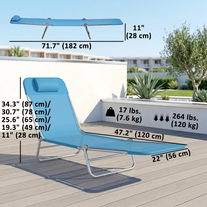 Outsunny Set of 2 Folding Chaise Lounge Chairs, Outdoor Poolside Sun Tanning Chairs w/ Pillow, Reclining Backrest, Blue