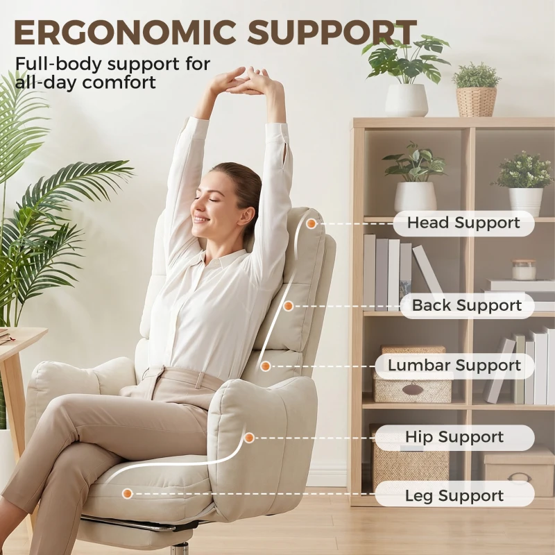 HOMCOM Office Chair with Foot Rest, Ergonomic Reclining Computer Gaming Chair with Snow Flannel Fabric, Thick Cushion, Cream