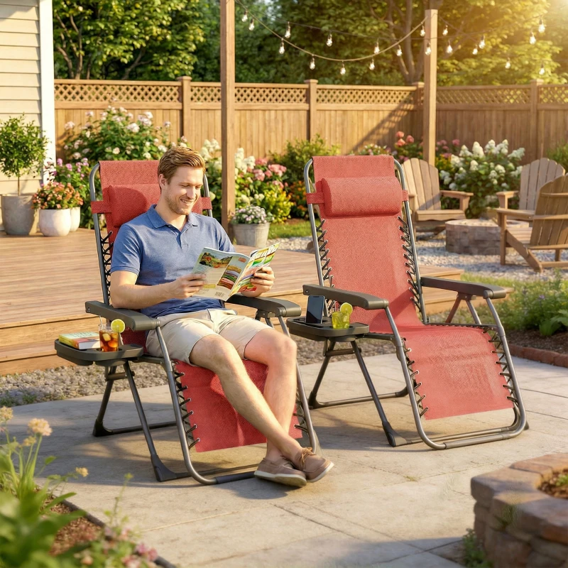 Outsunny Zero Gravity Chair Set of 2, Folding Reclining Outdoor Lounge Chair with Cup Holder, Headrest, Wine Red