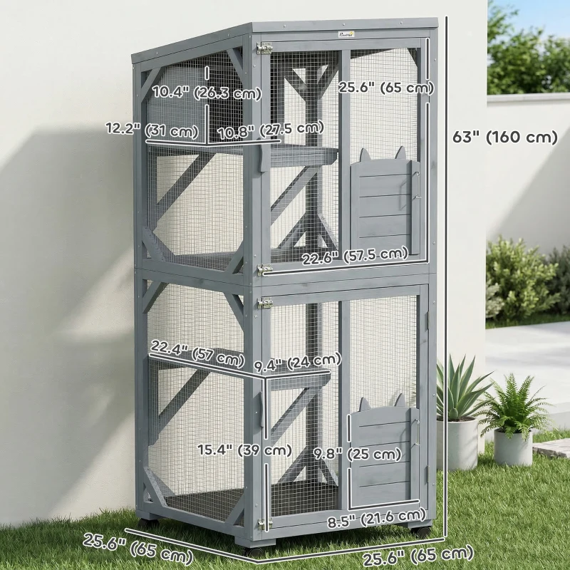 PawHut Movable Catio Outdoor Cat Enclosure with Resting Box, 3 Jumping Platforms, Waterproof Asphalt Roof for Outdoor Indoor
