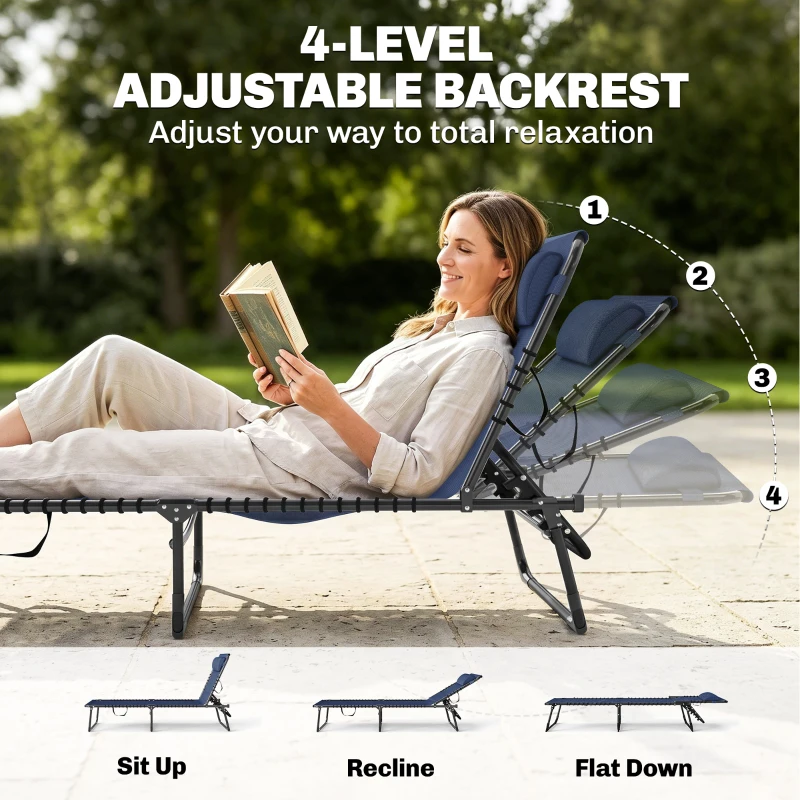 Outsunny Folding Chaise Lounge Pool Chair with 4-Position Reclining Back, Pillow, Breathable Mesh & Bungee Seat, Dark Blue