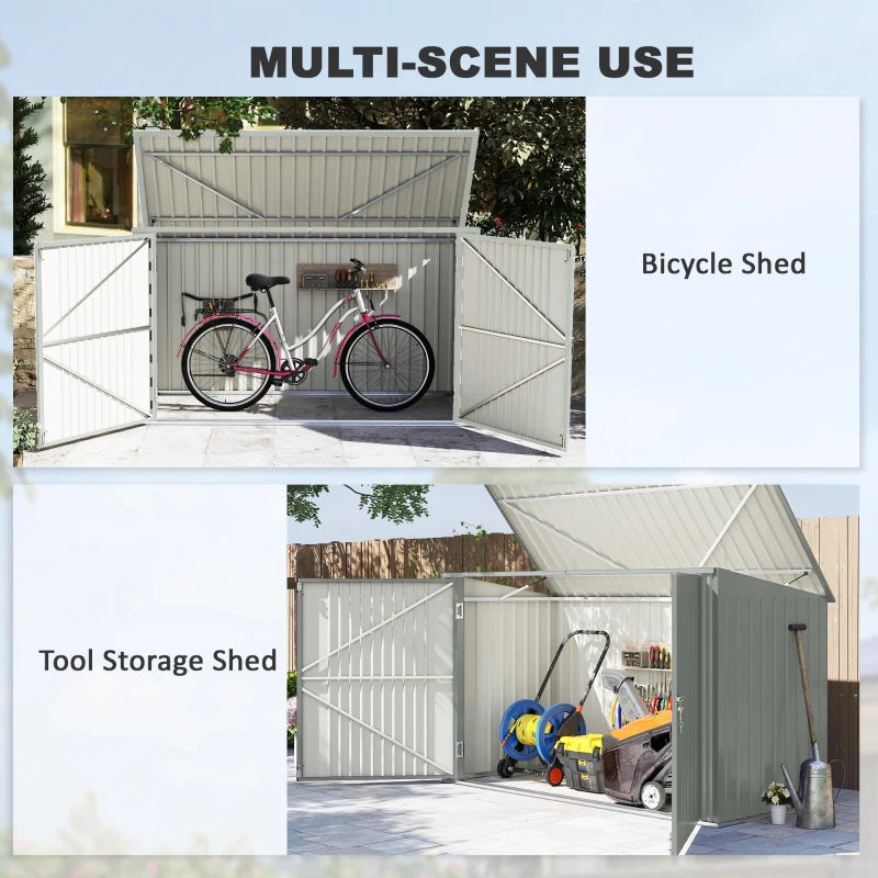 Outsunny 7.6 x 3.4ft Outdoor Storage Shed, 3 Garbage Bin Shed Organizer with Lockable Double Doors, Openable Lid, Silver Grey