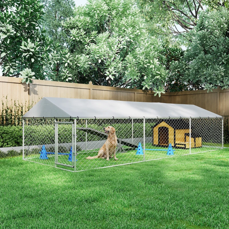 PawHut 19.7' x 7.5' x 4.9' Outdoor Dog Kennel Heavy Duty Galvanized Steel Chain Link with UV-resistant Roof, Silver