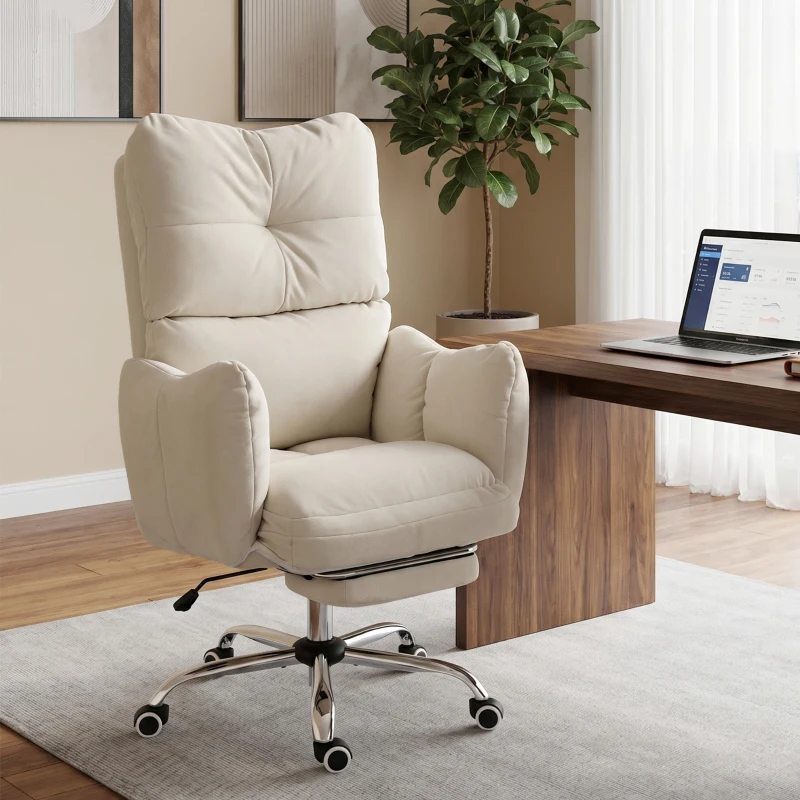 HOMCOM Office Chair with Foot Rest, Ergonomic Reclining Computer Gaming Chair with Snow Flannel Fabric, Thick Cushion, Cream