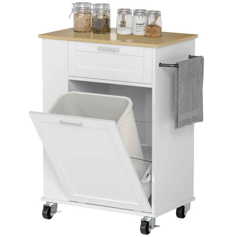 HOMCOM Rolling Kitchen Island with Trash Can Storage, Kitchen Island on Wheels with Spice & Rack, Drawer for Kitchen, White