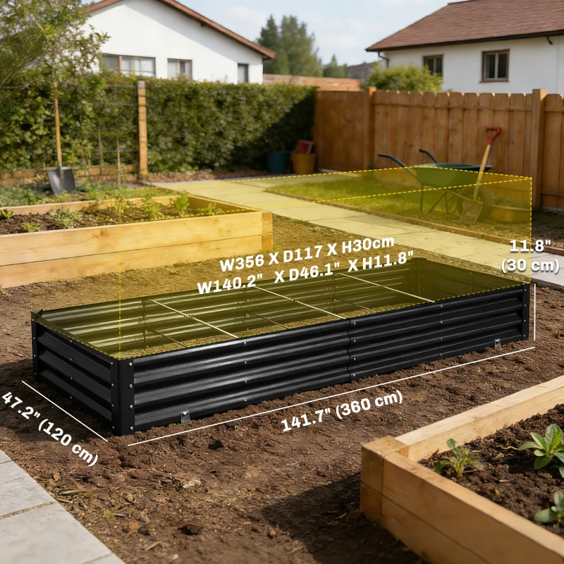 Outsunny 12 x 4 x 1ft Galvanized Raised Garden Bed, Reinforced Outdoor Planter Box with Open Bottom, Black