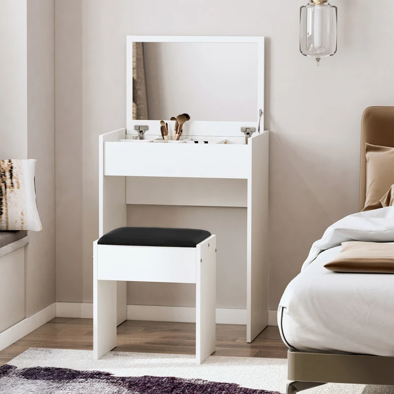 HOMCOM Modern Vanity Set with Makeup Table and Cushioned Stool, Dressing Table with Flip Top and Mirror for Bedroom, White