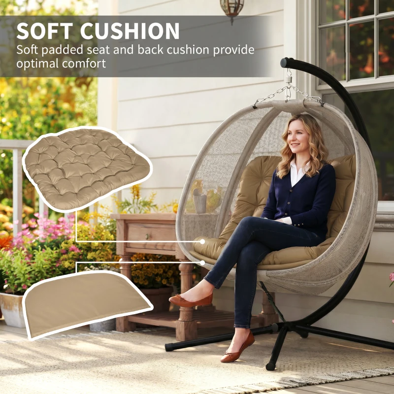 Outsunny Double Egg Chair with Stand, 2 Person Hanging Swing Egg Chair with Cushion, Pockets, Khaki
