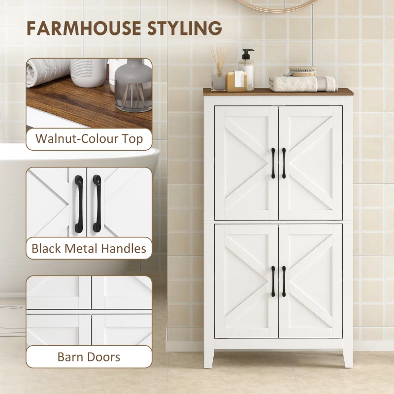 HOMCOM Farmhouse Bathroom Storage Cabinet, Bathroom Floor Cabinet with Barn Doors and Adjustable Shelves, White