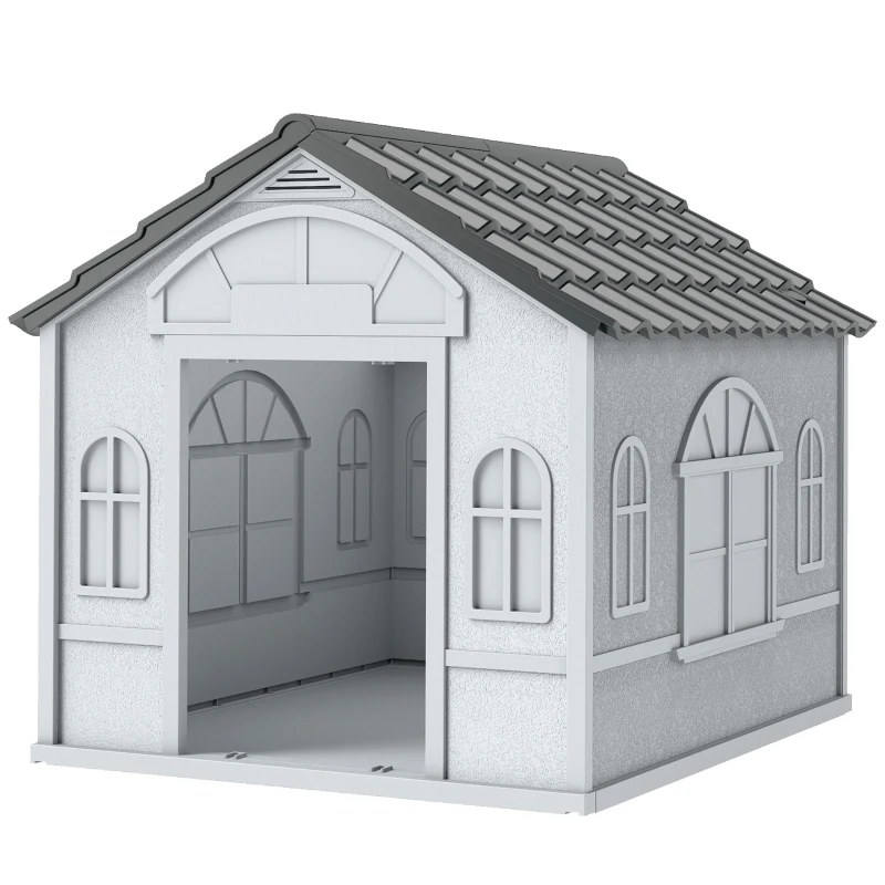 PawHut 26" Plastic Dog House Outdoor with Air Vents, for Small Medium Dogs, Grey