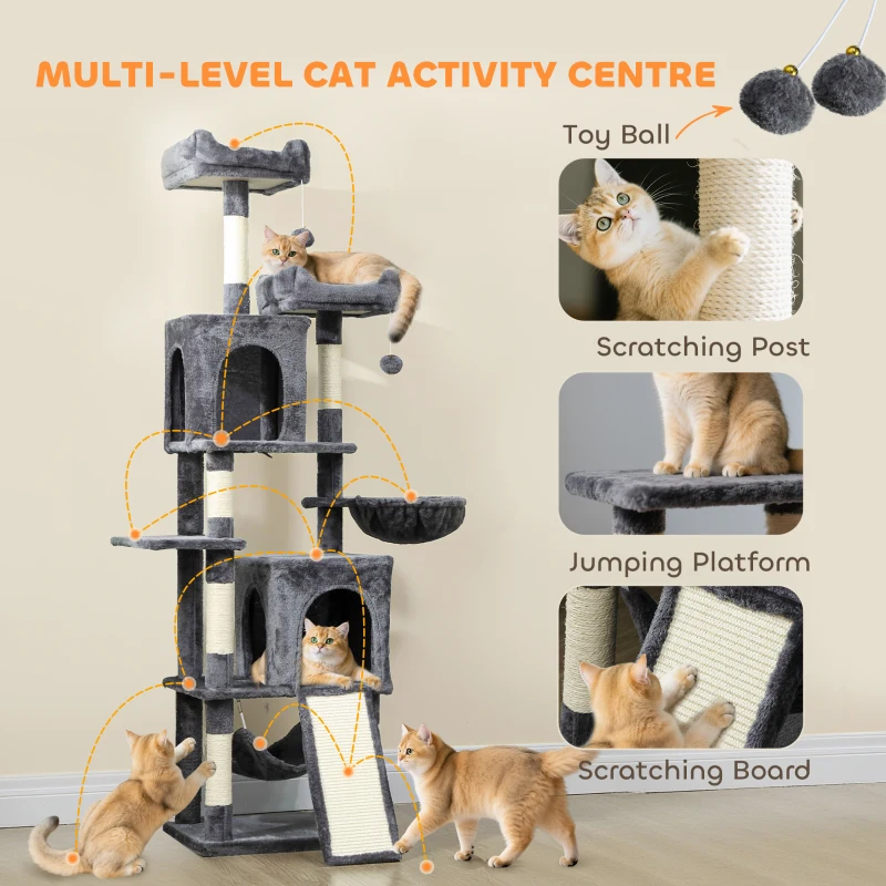 PawHut Cat Tree, 70" Multi-Level Cat Tower with 2 Condos, 2 Perches, Hammock, Toy Balls, Scratching Posts and Board, Dark Grey